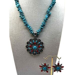 NEW Turquoise Beads Necklace With Pendant & Matching Earrings